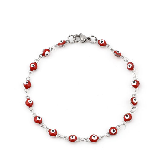 Image de Bracelets Élégant en 304 Acier Inoxydable Argent Mat Rouge Rond Œil Mauvais Émail 19.5cm long, 1 Pièce