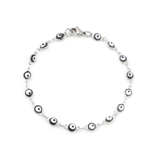 Image de Bracelets Élégant en 304 Acier Inoxydable Argent Mat Noir Rond Œil Mauvais Émail 19.5cm long, 1 Pièce