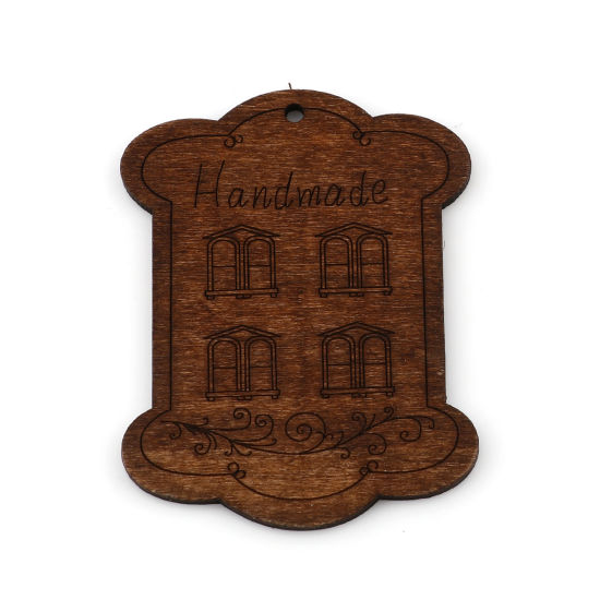 Image de Pendentifs en Bois Naturel Fênetre Brun Rectangle Message" Handmade " 65mm x 54mm, 10 Pcs