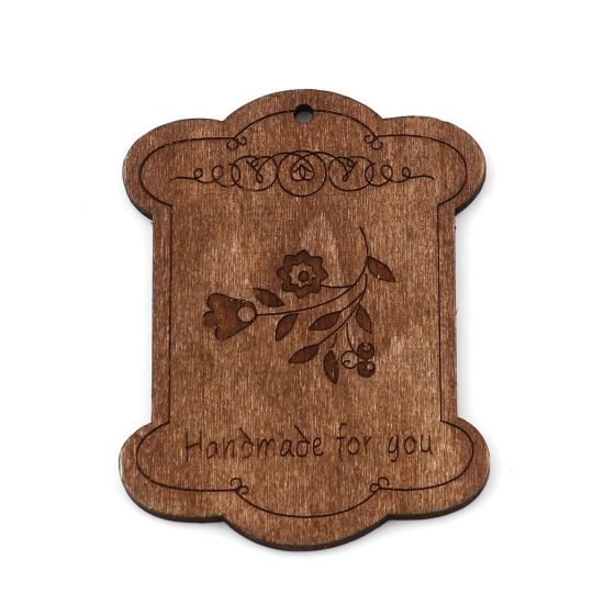 Image de Pendentifs en Bois Naturel Irrégulier Brun Fleurs Message" Handmade fou you " 65mm x 54mm, 10 Pcs