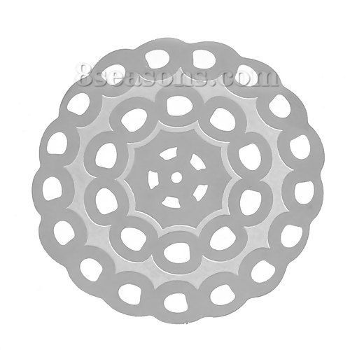 304ステンレス鋼 ハンドメイド フィリグリー  透かしパーツ  円形 シルバートーン 花柄 4.9cm直径、 10 個 の画像