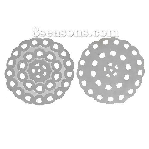 304ステンレス鋼 ハンドメイド フィリグリー  透かしパーツ  円形 シルバートーン 花柄 4.9cm直径、 10 個 の画像