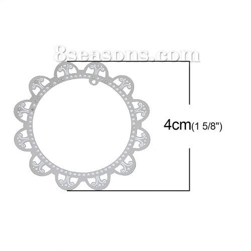 304ステンレス鋼 ハンドメイド フィリグリー  透かしパーツ  円形 シルバートーン花 4cm直径、 10 個 の画像