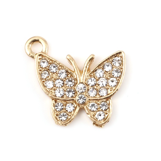 Picture of Zinc Based Alloy Insect Charms Butterfly Animal Gold Plated Micro Pave Clear Rhinestone 17mm x 15mm, 5 PCs
