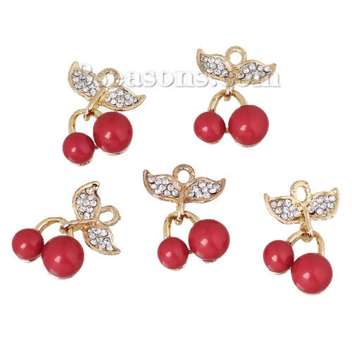 Bild von Zinklegierung Charms Obst Kirsche Hellgold Rot Transparent Strass 23mm x 15mm, 5 Stücke