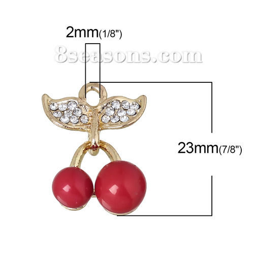 Bild von Zinklegierung Charms Obst Kirsche Hellgold Rot Transparent Strass 23mm x 15mm, 5 Stücke