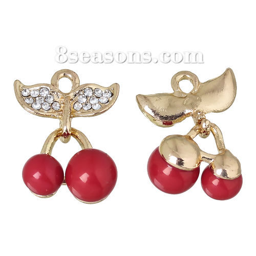 Bild von Zinklegierung Charms Obst Kirsche Hellgold Rot Transparent Strass 23mm x 15mm, 5 Stücke