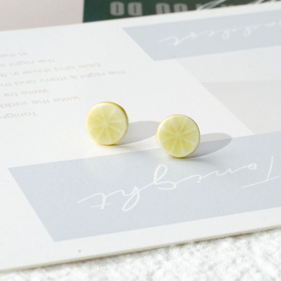 Immagine di Acciaio Inossidabile & Ceramica Orecchini a Perno Giallo Chiaro Limone 8mm, 1 Paio