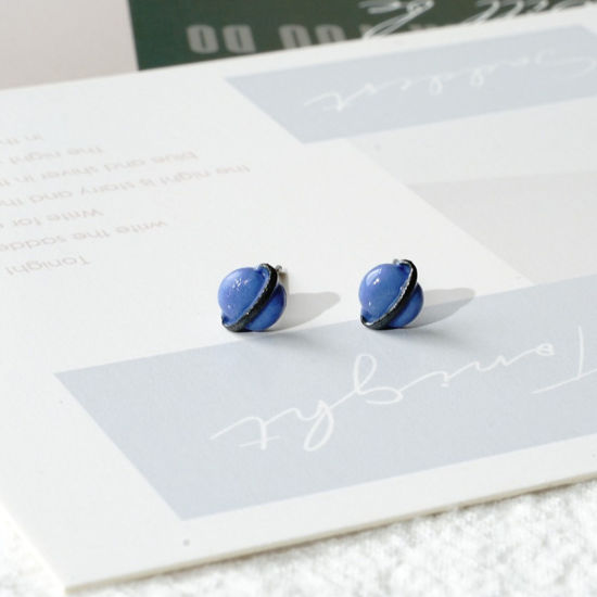 Immagine di Acciaio Inossidabile & Ceramica Orecchini a Perno Blu Universo Pianeta 8mm, 1 Paio