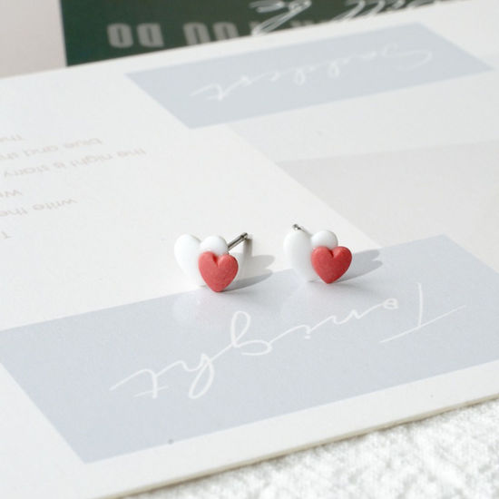 Immagine di Acciaio Inossidabile & Ceramica Orecchini a Perno Bianco & Rosso Cuore 8mm, 1 Paio
