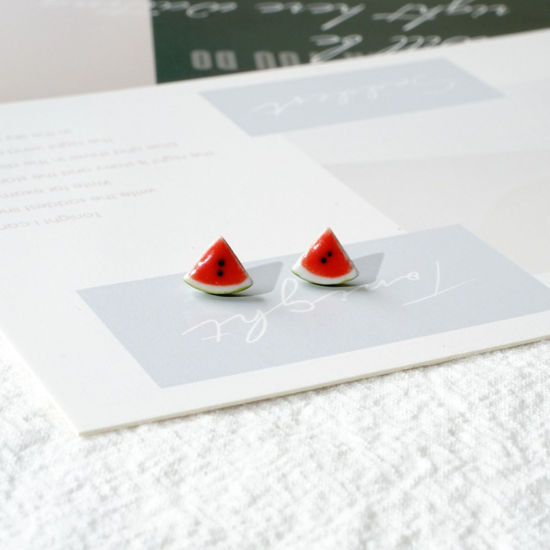 Immagine di Acciaio Inossidabile & Ceramica Orecchini a Perno Rosso & Verde Anguria 8mm, 1 Paio