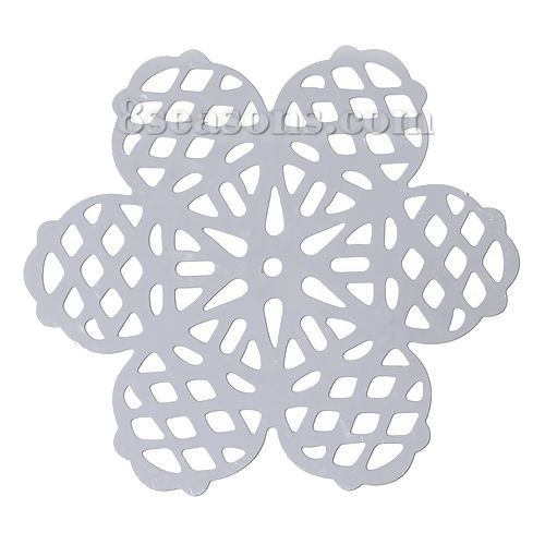 Picture of 304 Stainless Steel Filigree Stamping Embellishments Findings, Flower Silver Tone, Hollow Carved 42mm(1 5/8") x 38mm(1 4/8"), 10 PCs