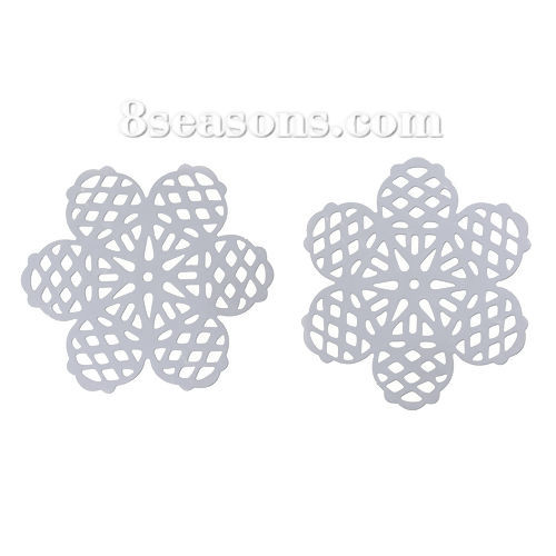 Picture of 304 Stainless Steel Filigree Stamping Embellishments Findings, Flower Silver Tone, Hollow Carved 42mm(1 5/8") x 38mm(1 4/8"), 10 PCs