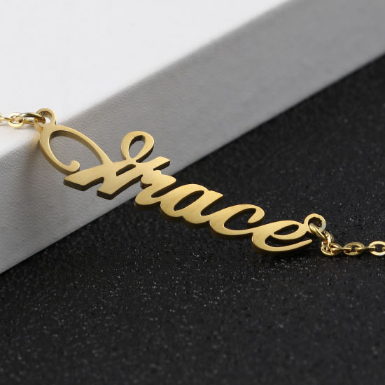 Picture of 1 Piece Stainless Steel Customized Name Necklace Personalized Letter Charm Pendant Gold Plated 45cm(17.7") long