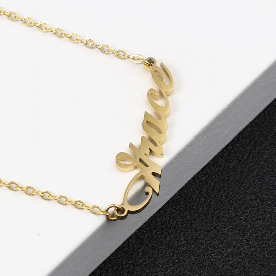 Picture of 1 Piece Stainless Steel Customized Name Necklace Personalized Letter Charm Pendant Gold Plated 45cm(17.7") long