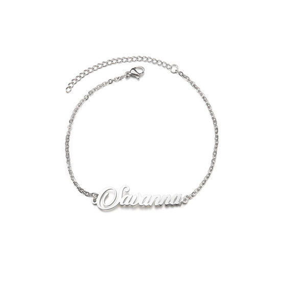 Picture of Stainless Steel Customized Name Bracelets Personalized Letter Charm Pendant Silver Tone 1 Piece