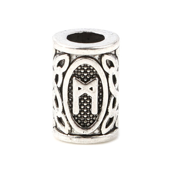 Image de Perles de Cheveux Tressés Dreadlock en Alliage de Zinc Colonne Argent Vieilli Rune Viking Gravé 13mm x 8mm, Trou: env. 4.7mm, 30 Pcs