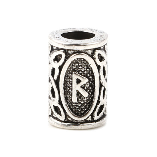 Image de Perles de Cheveux Tressés Dreadlock en Alliage de Zinc Colonne Argent Vieilli Rune Viking Gravé 13mm x 8mm, Trou: env. 4.7mm, 30 Pcs