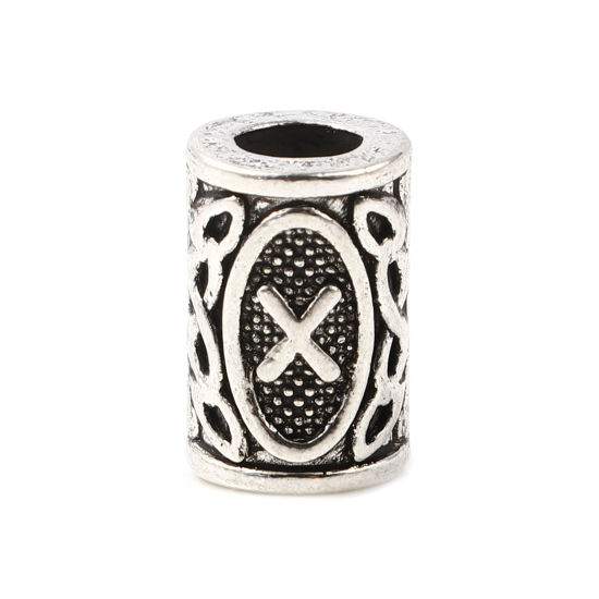 Image de Perles de Cheveux Tressés Dreadlock en Alliage de Zinc Colonne Argent Vieilli Rune Viking Gravé 13mm x 8mm, Trou: env. 4.7mm, 30 Pcs
