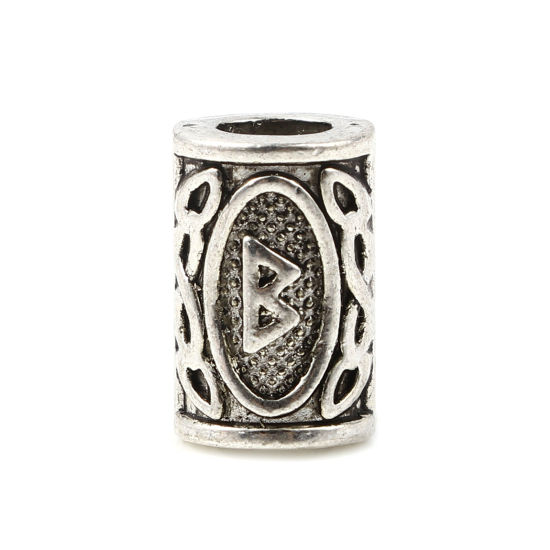 Image de Perles de Cheveux Tressés Dreadlock en Alliage de Zinc Colonne Argent Vieilli Rune Viking Gravé 13mm x 8mm, Trou: env. 4.7mm, 30 Pcs