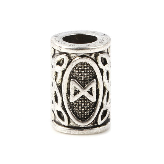 Image de Perles de Cheveux Tressés Dreadlock en Alliage de Zinc Colonne Argent Vieilli Rune Viking Gravé 13mm x 8mm, Trou: env. 4.7mm, 30 Pcs