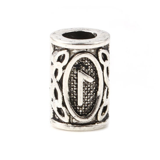 Image de Perles de Cheveux Tressés Dreadlock en Alliage de Zinc Colonne Argent Vieilli Rune Viking Gravé 13mm x 8mm, Trou: env. 4.7mm, 30 Pcs