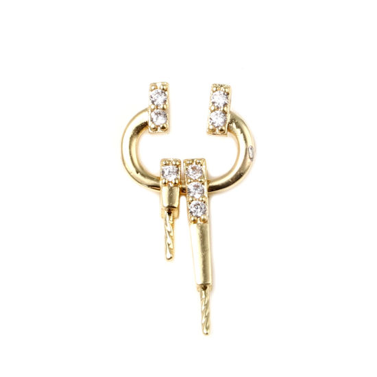 Picture of Brass Pearl Pendant Connector Bail Pin Cap 18K Real Gold Plated Irregular Clear Rhinestone 24mm x 12mm, 1 Piece