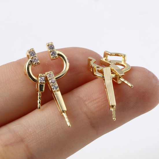 Picture of Brass Pearl Pendant Connector Bail Pin Cap 18K Real Gold Plated Irregular Clear Rhinestone 24mm x 12mm, 1 Piece