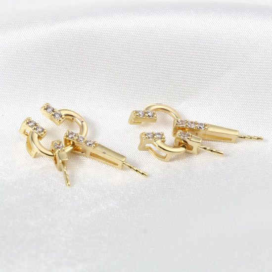 Picture of Brass Pearl Pendant Connector Bail Pin Cap 18K Real Gold Plated Irregular Clear Rhinestone 24mm x 12mm, 1 Piece