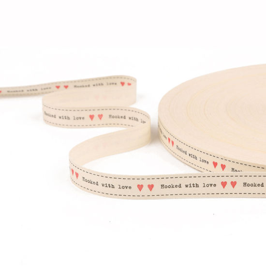 Image de Ruban en Coton Crème Cœur Mots" hooked with love " 1.5cm, 1 Rouleau 5 Yards/Rouleau)