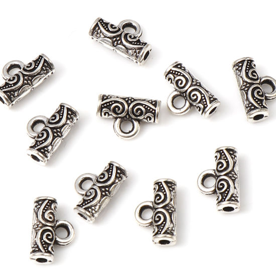 Picture of Zinc Based Alloy Bail Beads Cylinder Antique Silver Color Carved Pattern 10mm x 7mm, 200 PCs