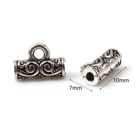 Picture of Zinc Based Alloy Bail Beads Cylinder Antique Silver Color Carved Pattern 10mm x 7mm, 200 PCs