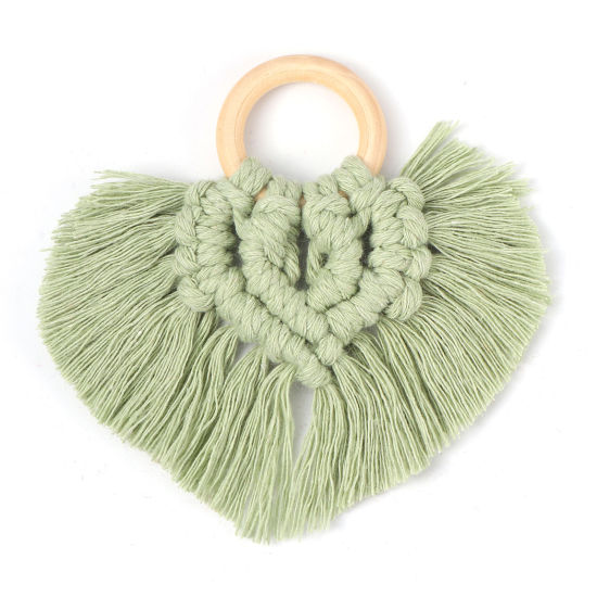 Image de Pendentifs Franges en Bois & Polyester Cœur Vert Clair 9.5cm x 9cm, 1 Pièce