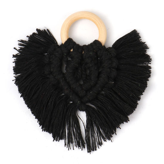 Image de Pendentifs Franges en Bois & Polyester Cœur Noir 9.5cm x 9cm, 1 Pièce
