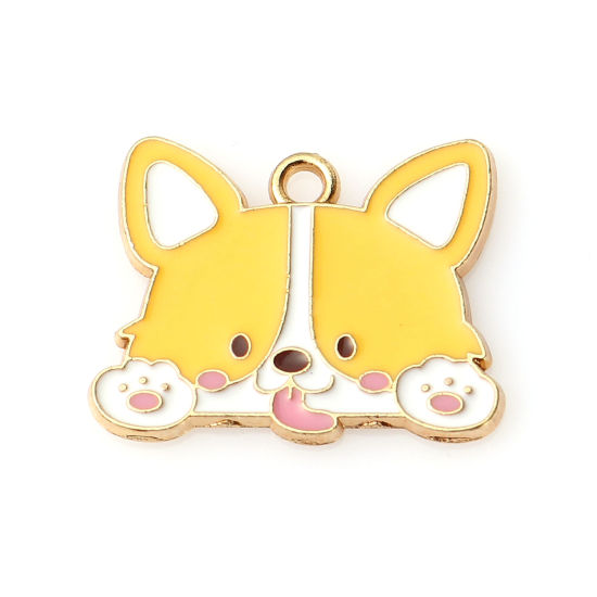 Image de Breloques en Alliage de Zinc Chien Corgi Doré Blanc & Jaune env. Émail 24mm x 19mm, 10 Pcs