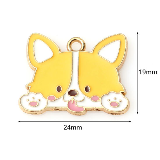 Image de Breloques en Alliage de Zinc Chien Corgi Doré Blanc & Jaune env. Émail 24mm x 19mm, 10 Pcs