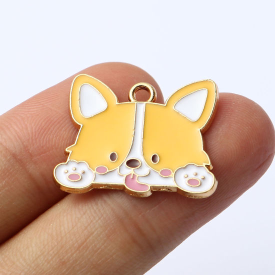 Image de Breloques en Alliage de Zinc Chien Corgi Doré Blanc & Jaune env. Émail 24mm x 19mm, 10 Pcs