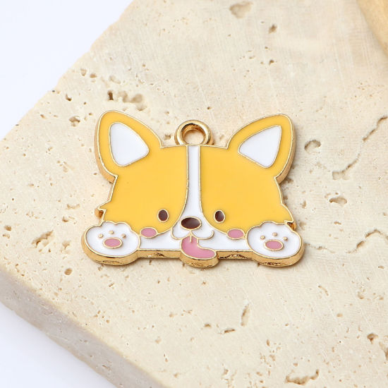 Image de Breloques en Alliage de Zinc Chien Corgi Doré Blanc & Jaune env. Émail 24mm x 19mm, 10 Pcs