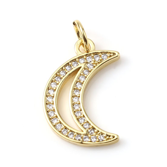 Picture of Brass Galaxy Charms Gold Plated Half Moon Micro Pave Clear Cubic Zirconia 21mm x 12mm, 1 Piece