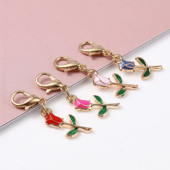 Image de Marqueur de Maille en Alliage de Zinc Doré Multicolore Rose Émail 3.2cm x 0.9cm, 1 Kit ( 4PCs/Kit)
