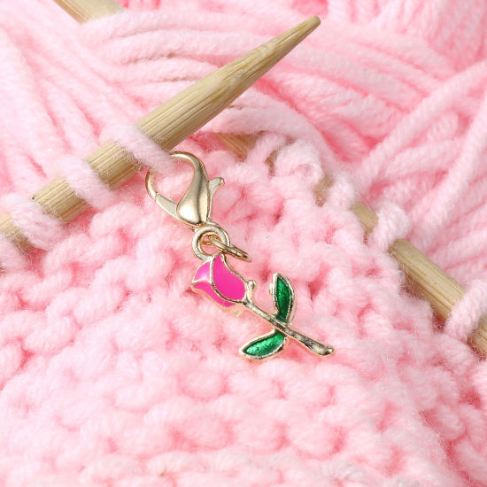 Image de Marqueur de Maille en Alliage de Zinc Doré Multicolore Rose Émail 3.2cm x 0.9cm, 1 Kit ( 4PCs/Kit)