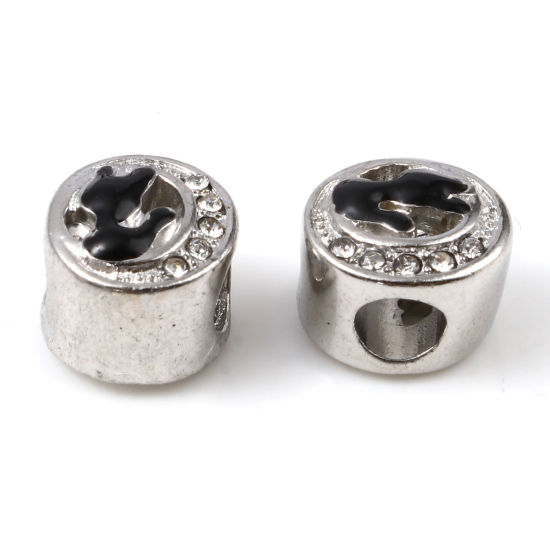 Image de Perles à Gros Trou Halloween en Alliage de Zinc Argent Mat Noir Rond Chats Émail à Strass Transparent 11mm x 10mm, Trou: Environ 4.3mm, 5 Pcs