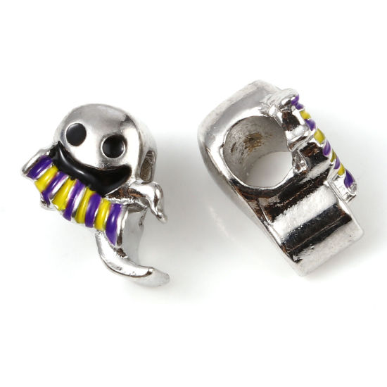 Image de Perles à Gros Trou au Style Européen en Alliage de Zinc Argent Mat Jaune & Violet Fantôme Halloween Émail 13mm x 10mm, Trou: Environ 4.9mm, 5 Pcs