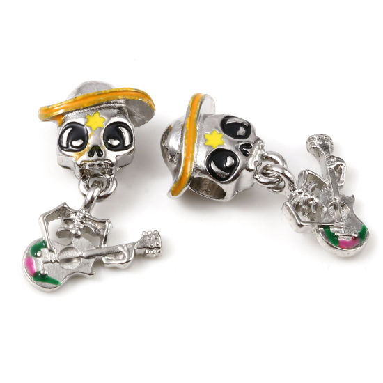 Image de Perles Dangle à Gros Trou Halloween en Alliage de Zinc Argent Mat Multicolore Tête de Mort Guitare Émail 28mm x 14mm, Trou: Environ 4.5mm, 5 Pcs