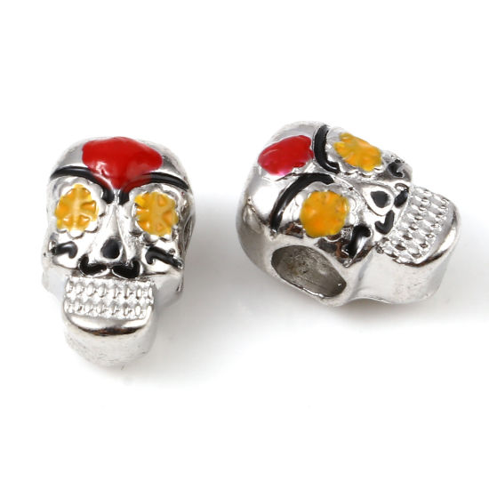 Image de Perles à Gros Trou Halloween en Alliage de Zinc Argent Mat Rouge & Jaune Tête de Mort Émail 13mm x 9mm, Trou: Environ 4.4mm, 5 Pcs