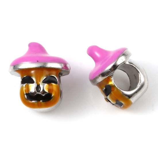 Image de Perles à Gros Trou au Style Européen en Alliage de Zinc Argent Mat Multicolore Halloween Citrouille Émail 12mm x 11mm, Trou: Environ 4.4mm, 5 Pcs
