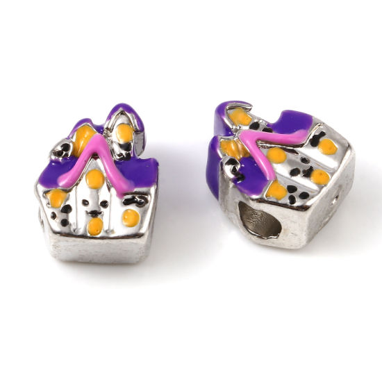 Image de Perles à Gros Trou au Style Européen en Alliage de Zinc Argent Mat Multicolore Maison Hantée Halloween Émail 14mm x 10mm, Trou: Environ 4.4mm, 5 Pcs