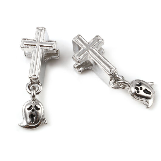 Image de Perles Dangle à Gros Trou Religieux en Alliage de Zinc Argent Mat Fantôme Halloween Croix Émail 27mm x 9mm, Trou: Environ 4.4mm, 5 Pcs