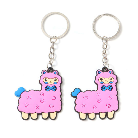 Image de Porte-Clés en PVC Rose Alpaga Animal Cœur 10cm x 4cm, 10 Pcs
