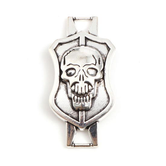 Picture of Zinc Based Alloy Halloween Connectors Shield Antique Silver Color Skull 42mm x 21mm, 20 PCs
